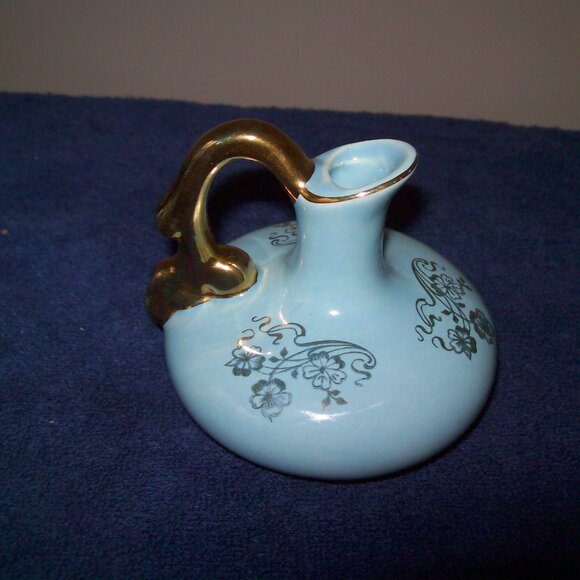 Vintage Blue Miniature Bud/Pitcher Vase 22K Gold Plating Handle Floral - Picture 1 of 5